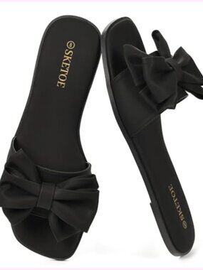 Women's Bow Flat Sandals Open Square Toe Comfortable Slide for Wedding Beach